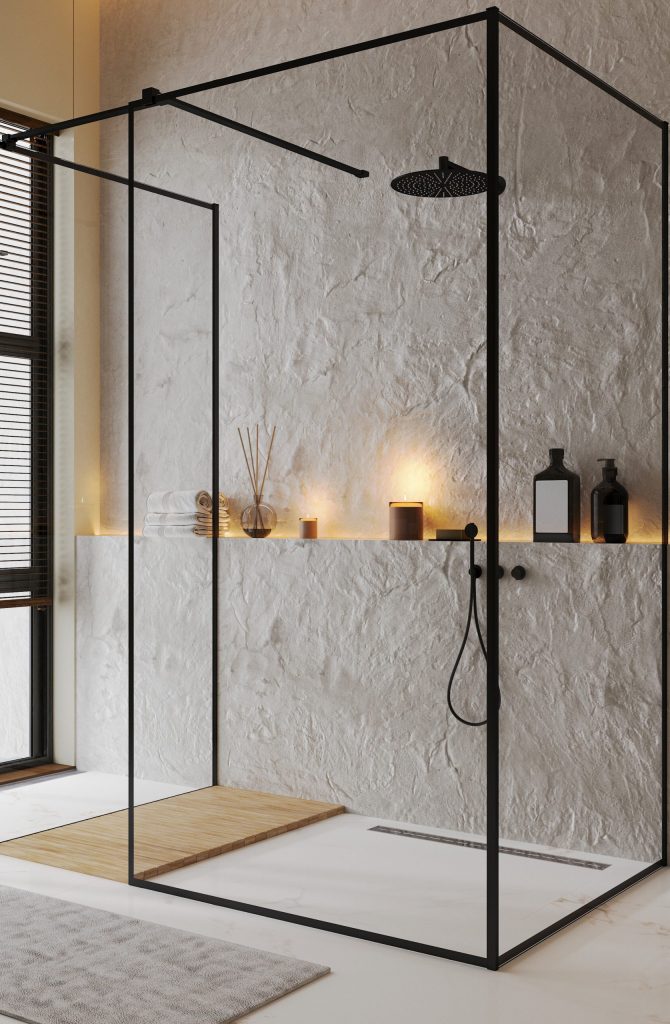 Shower,Cabin,In,Luxury,Contemporary,Bathroom,Interior,With,Decorative,Walls